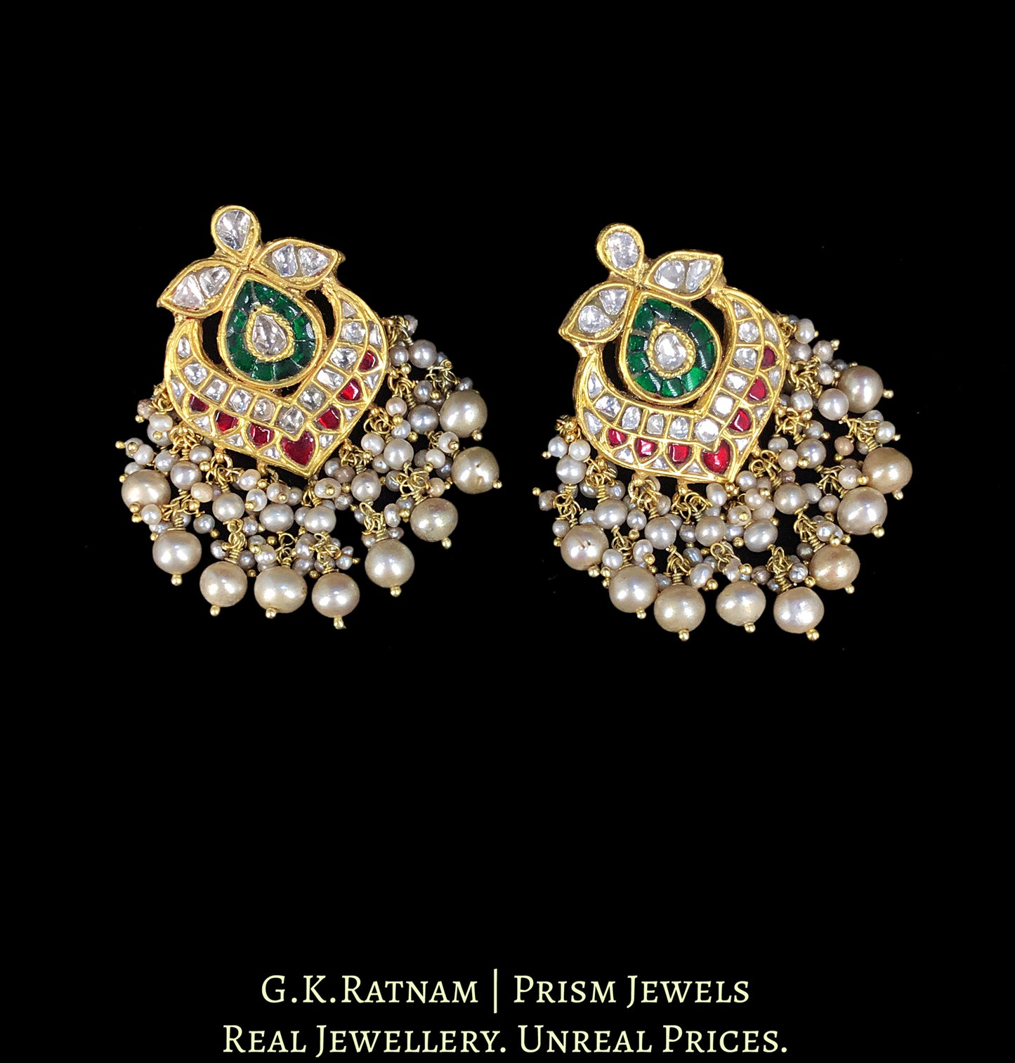 23k Gold and Diamond Polki south-style Long Necklace Set with basra-like Freshwater Pearls