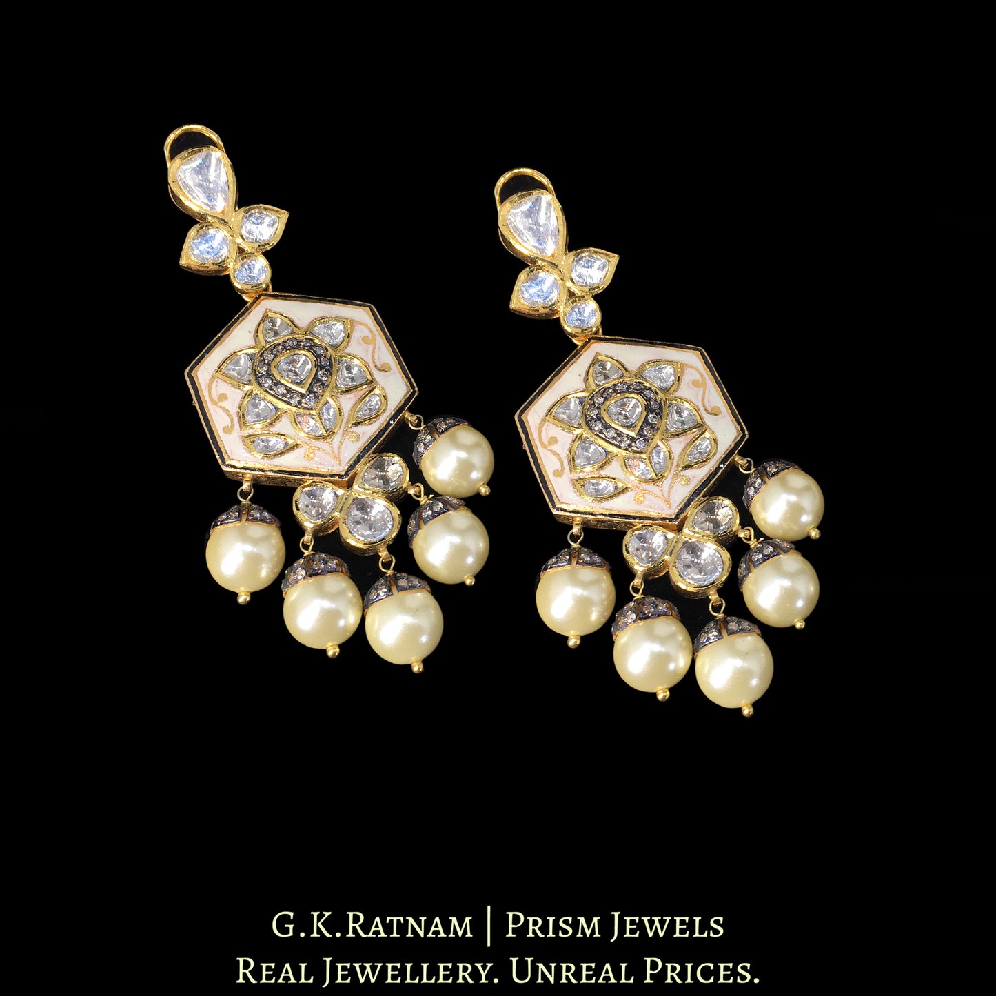 22k Gold and Diamond Polki reversible Long Earring Pair with Pearls