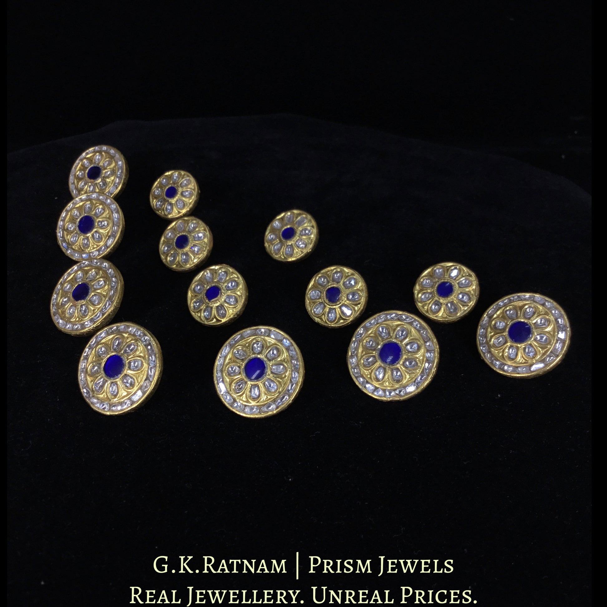 23k Gold and Diamond Polki Sherwani Buttons for Men with Blue Center - G. K. Ratnam