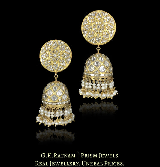 23k Gold and Diamond Polki Jhumki Earring Pair With Natural Hyderabadi Pearls