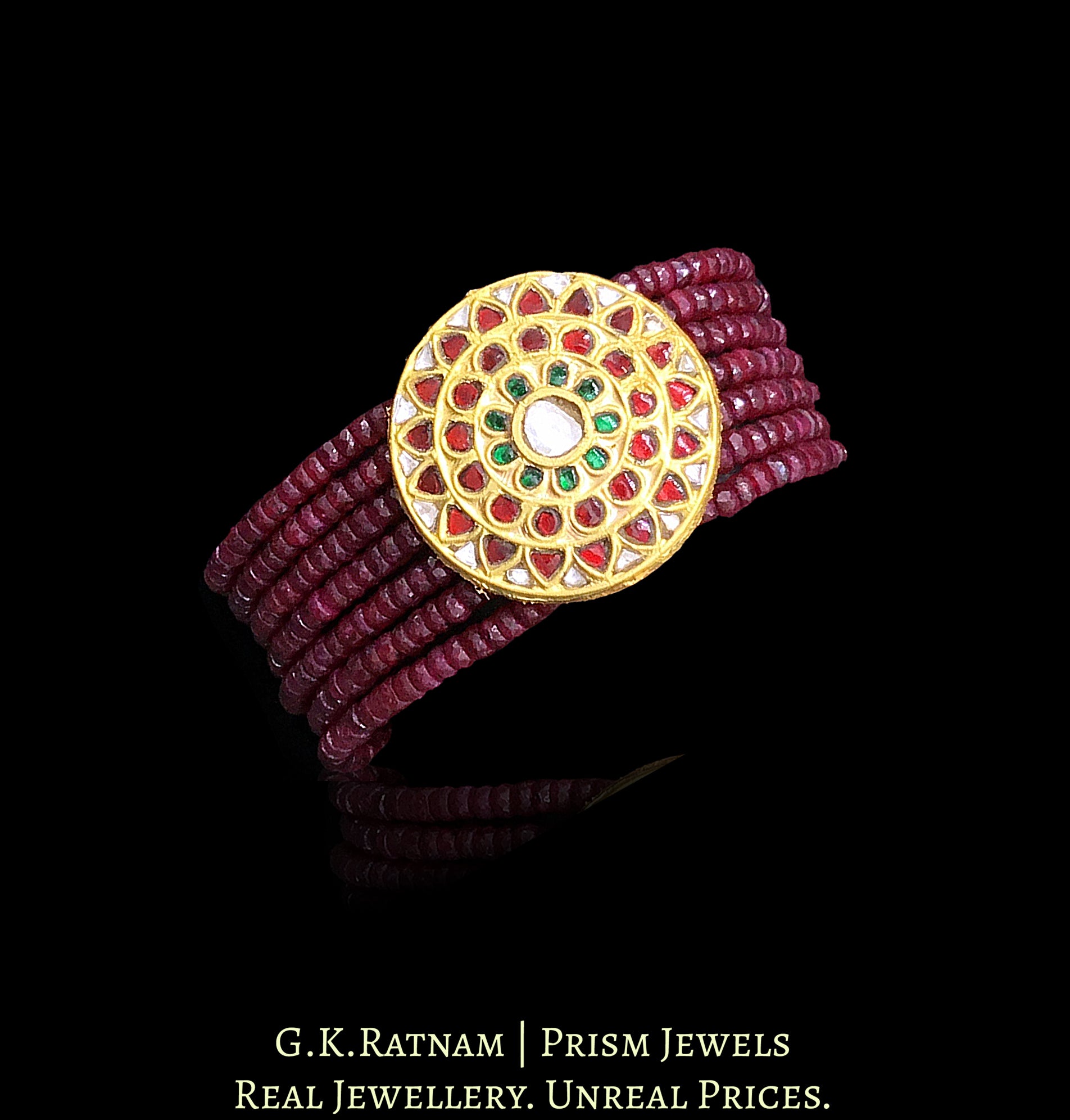 23k Gold and Diamond Polki watch-like Bracelet with Rubies - G. K. Ratnam