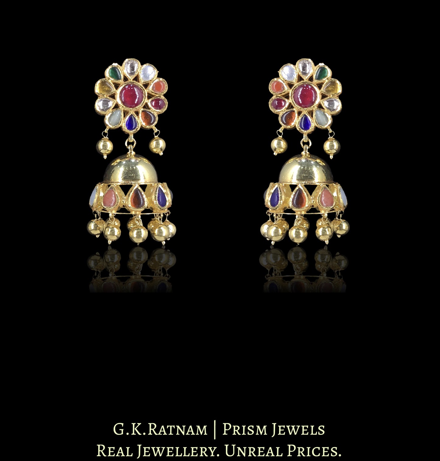 18k Gold and Diamond Polki Navratna tussi-style Necklace Set with Jhumkis