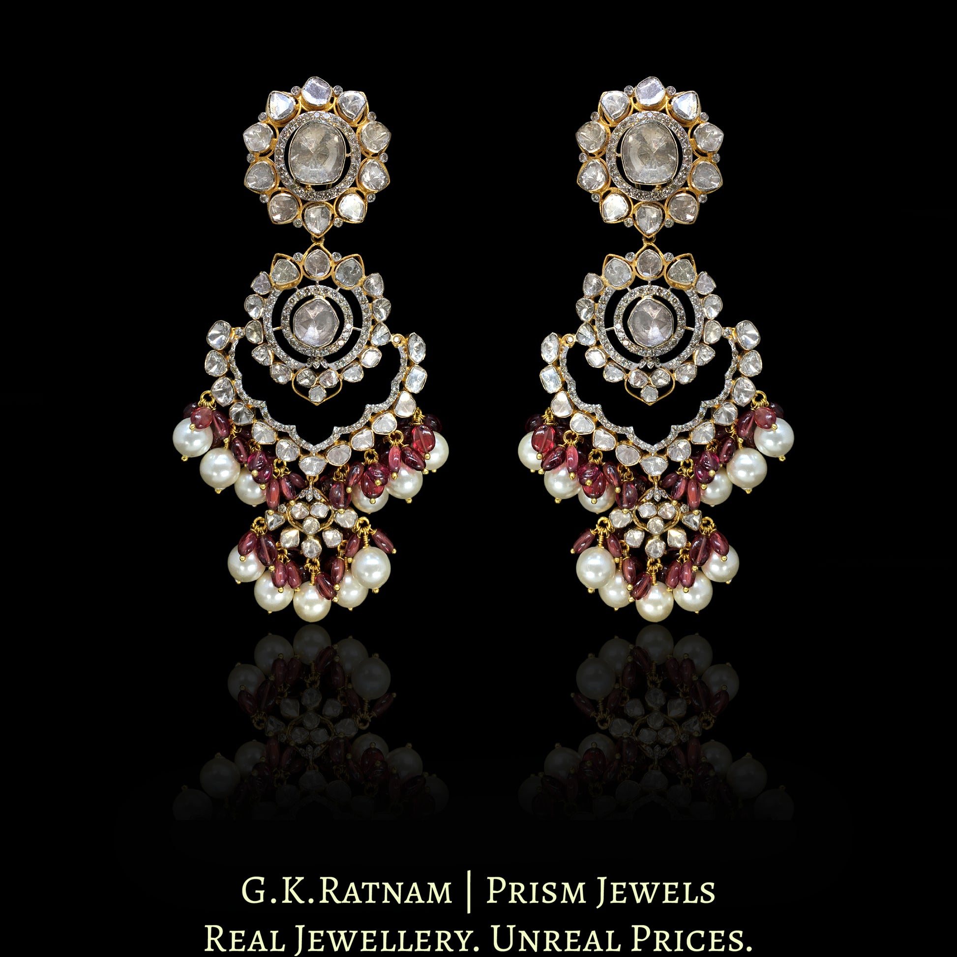 14k Gold and Diamond Polki Open Setting Necklace Set with Mozambique Garnets and south-sea-like Pearls - G. K. Ratnam