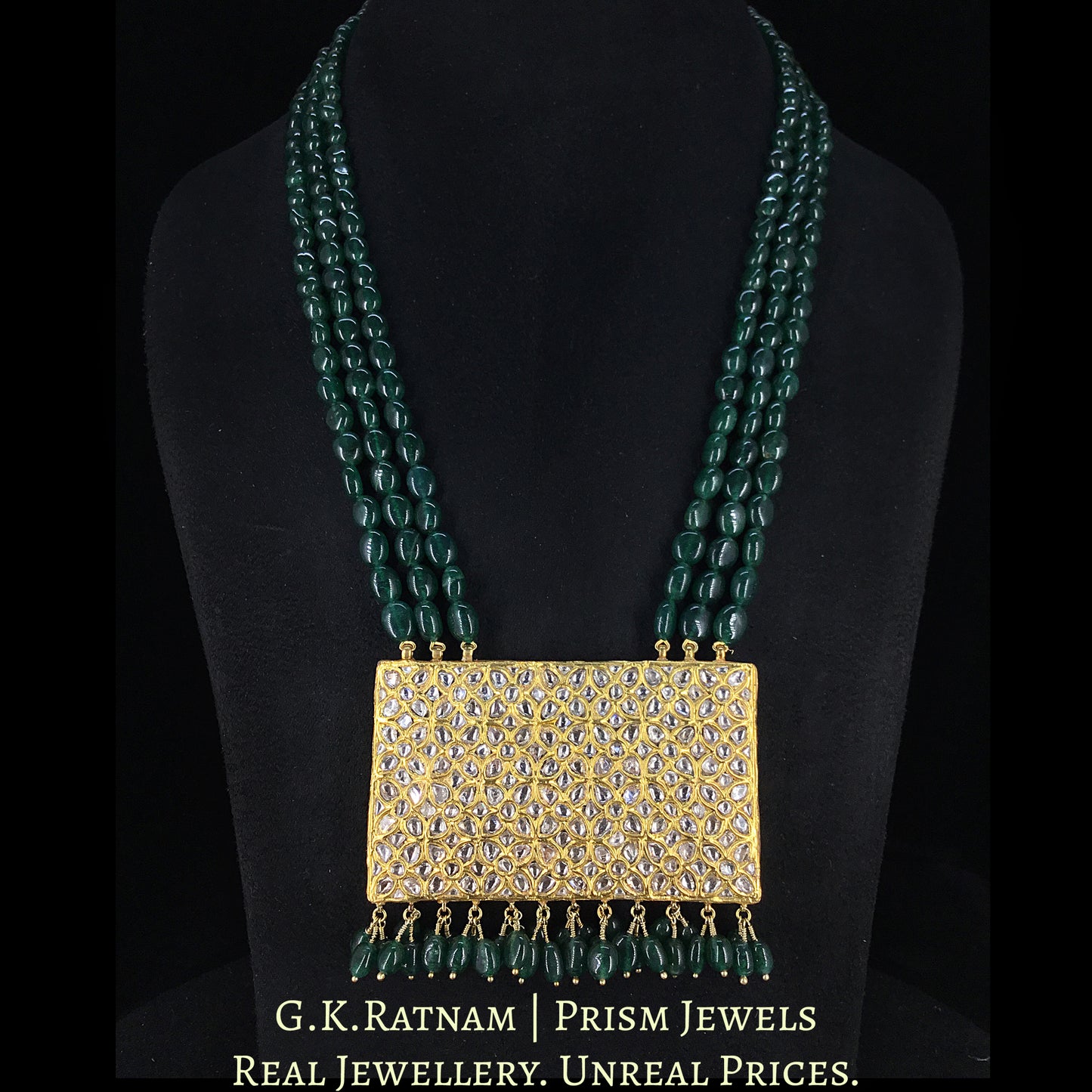 23k Gold and Diamond Polki Rectangle Pendant enhanced with emerald-grade Green Beryls