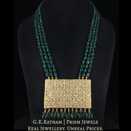 23k Gold and Diamond Polki Rectangle Pendant enhanced with emerald-grade Green Beryls