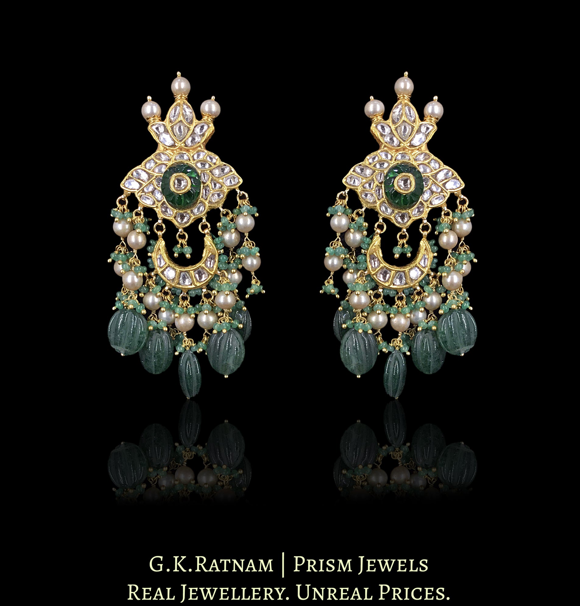 23k Gold and Diamond Polki Long Earring Pair with Antiqued Freshwater Pearls and emerald-green Strawberry Quartz Melons - G. K. Ratnam
