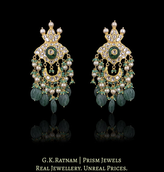 23k Gold and Diamond Polki Long Earring Pair with Antiqued Freshwater Pearls and emerald-green Strawberry Quartz Melons - G. K. Ratnam