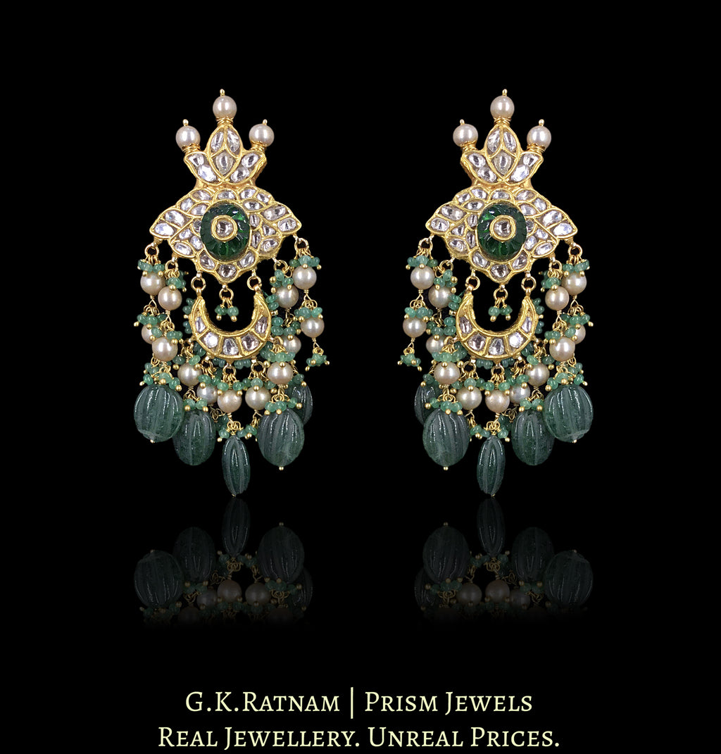 23k Gold and Diamond Polki Long Earring Pair with Antiqued Freshwater Pearls and emerald-green Strawberry Quartz Melons