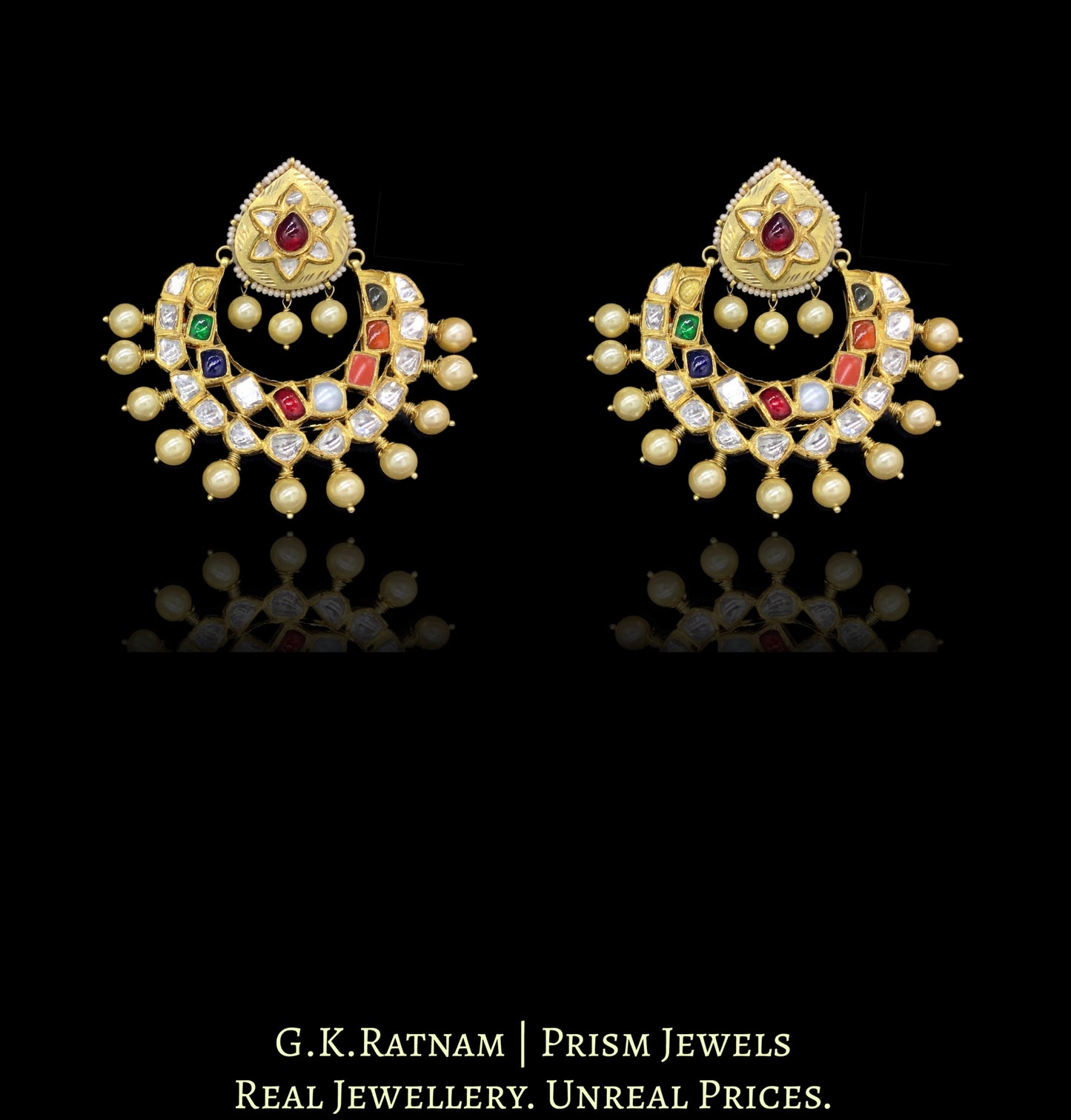 18k Gold and Diamond Polki Chand Bali Earring Pair with Navratna Stones - G. K. Ratnam
