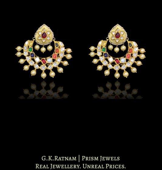 18k Gold and Diamond Polki Chand Bali Earring Pair with Navratna Stones - G. K. Ratnam