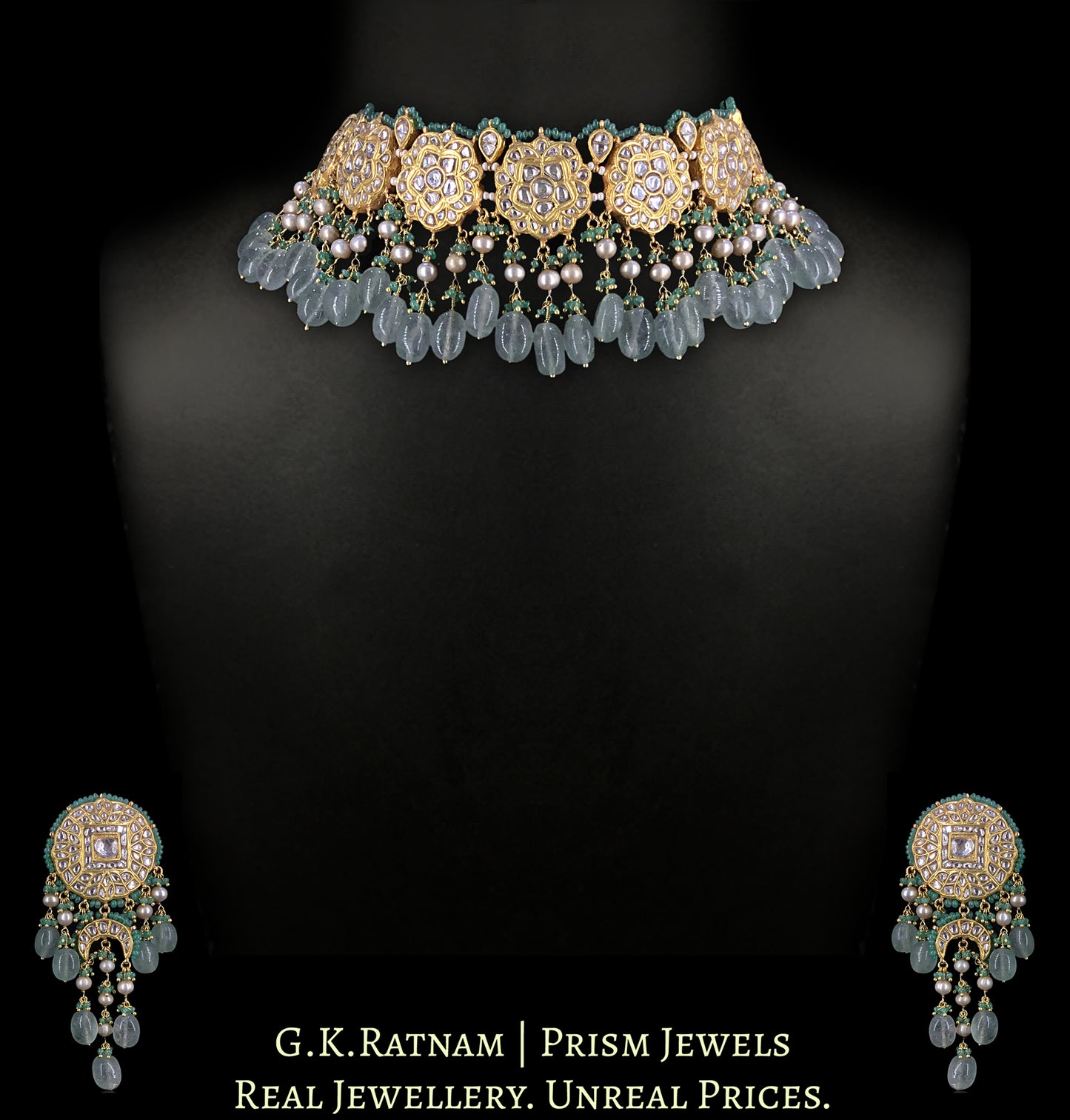 23k Gold and Diamond Polki Choker Necklace Set enhanced with Natural Emeralds, Antiqued Freshwater Pearls And Strawberry Quartz - G. K. Ratnam