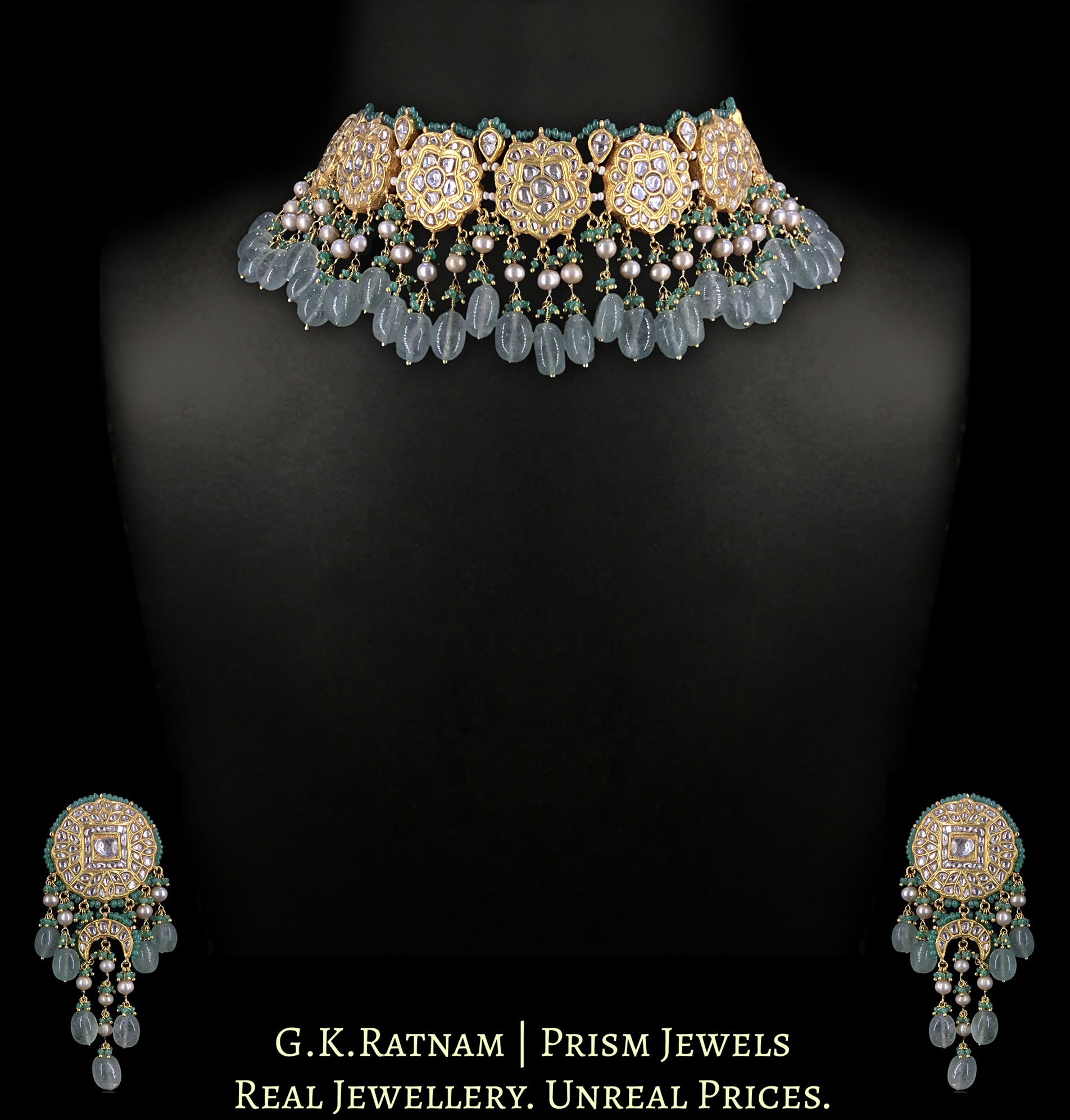 23k Gold and Diamond Polki Choker Necklace Set enhanced with Natural Emeralds, Antiqued Freshwater Pearls And Strawberry Quartz - G. K. Ratnam