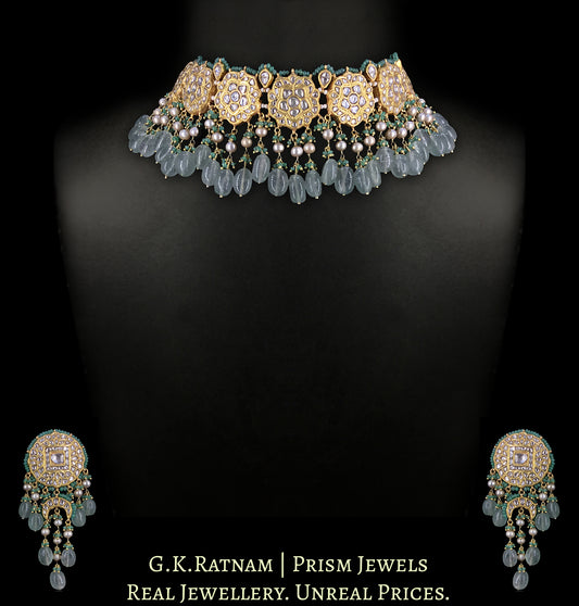 23k Gold and Diamond Polki Choker Necklace Set enhanced with Natural Emeralds, Antiqued Freshwater Pearls And Strawberry Quartz - G. K. Ratnam
