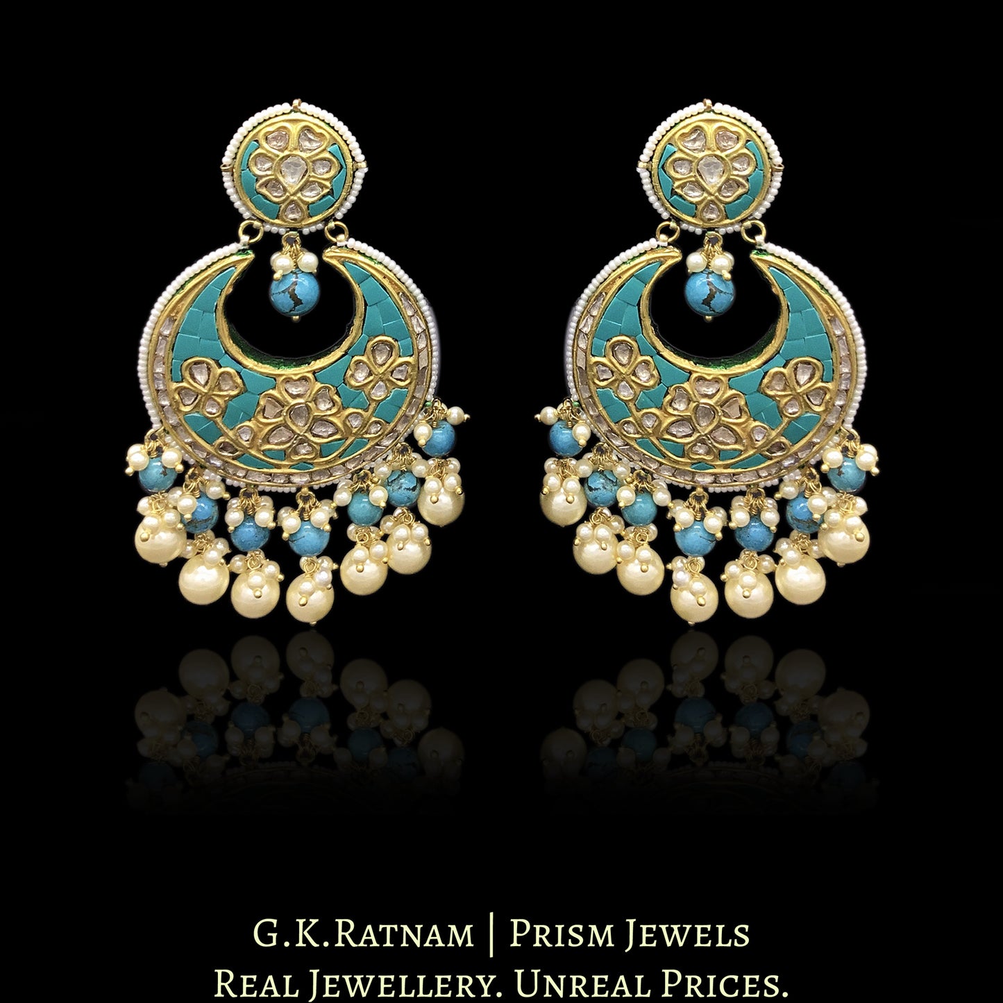 23k Gold and DIamond Polki Chand Bali Earring Pair with Turquoise Setting - G. K. Ratnam