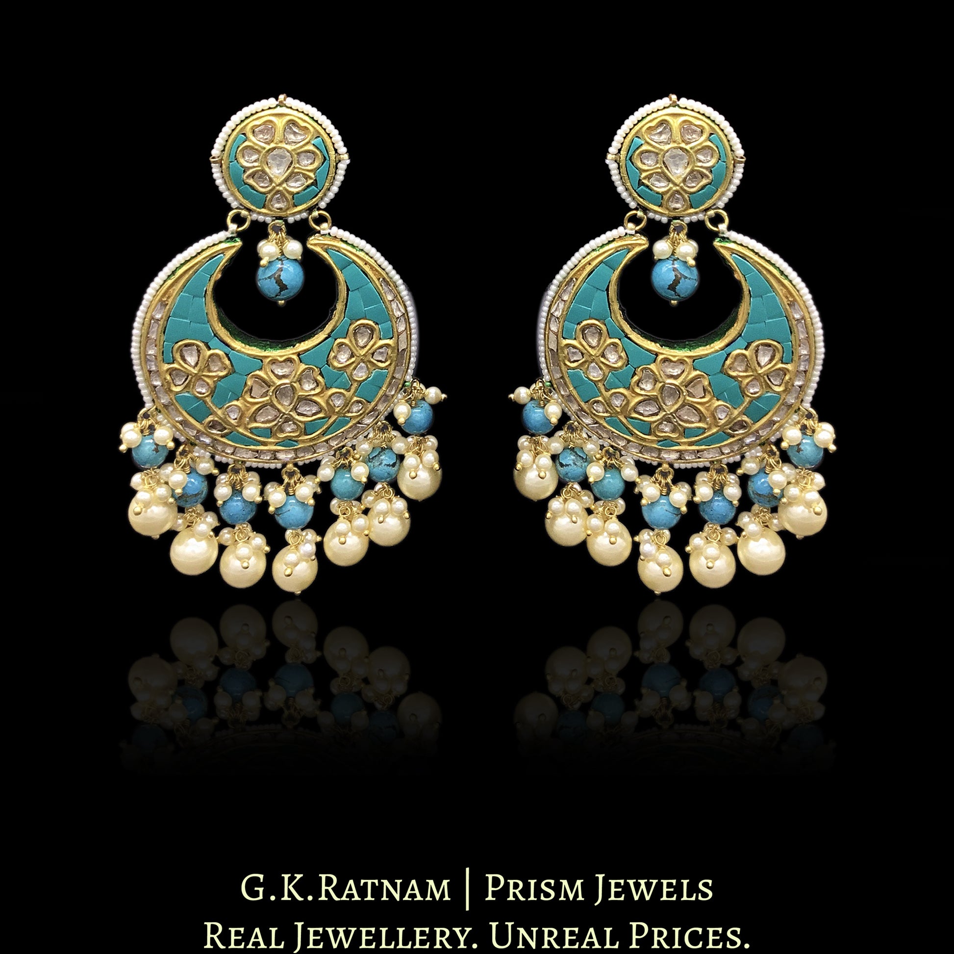 23k Gold and DIamond Polki Chand Bali Earring Pair with Turquoise Setting - G. K. Ratnam