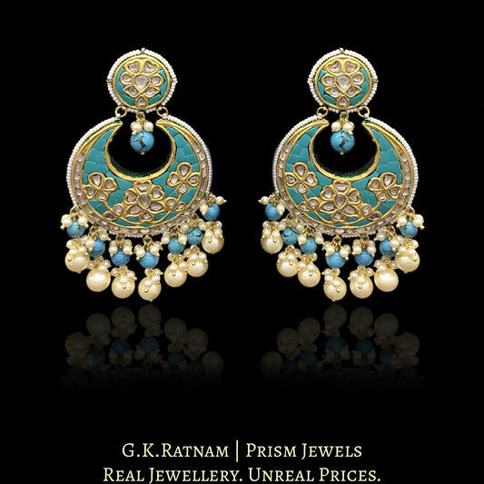 23k Gold and DIamond Polki Chand Bali Earring Pair with Turquoise Setting - G. K. Ratnam