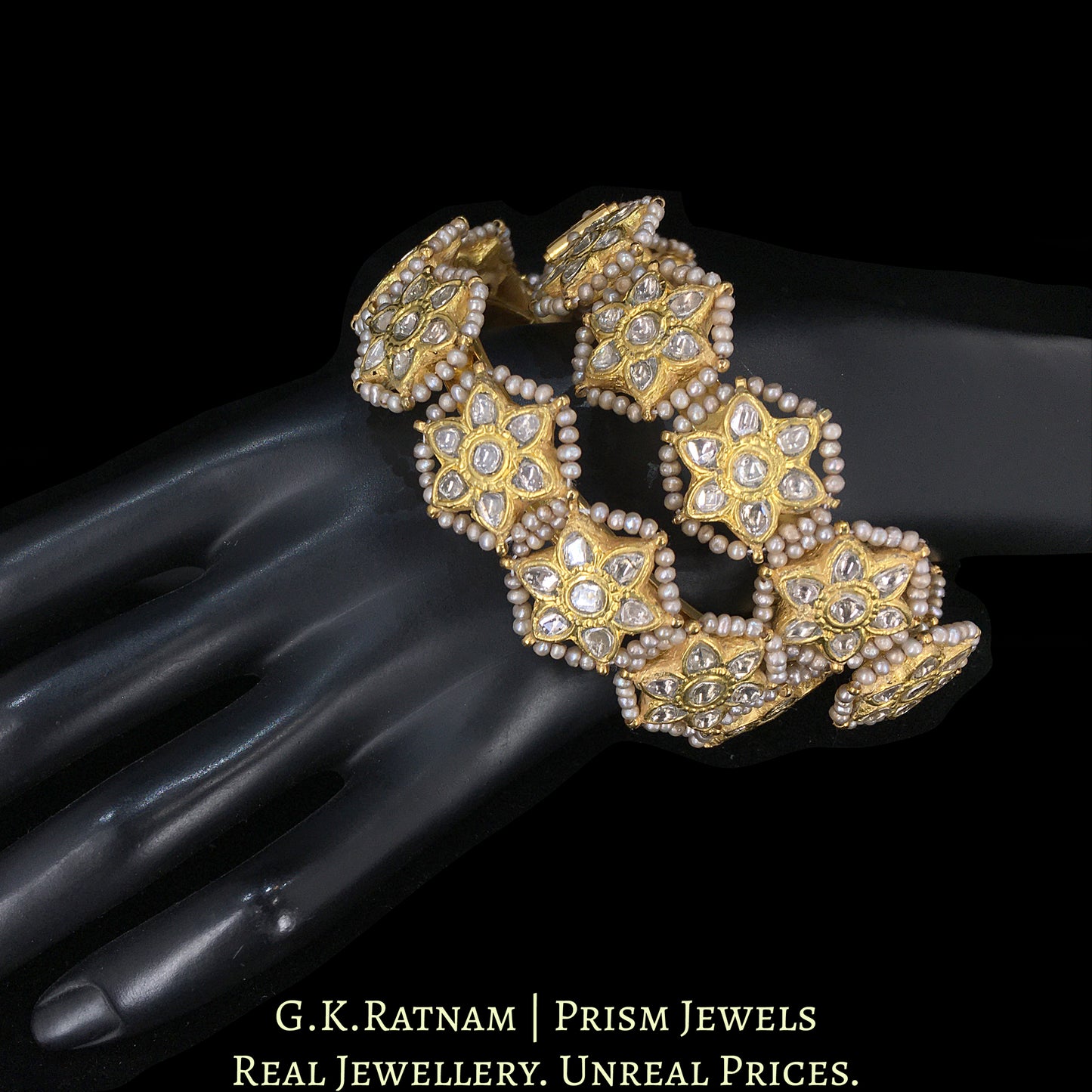 23k Gold and Diamond Polki Bangle Pair (Pacheli) with Antiqued Freshwater Pearls