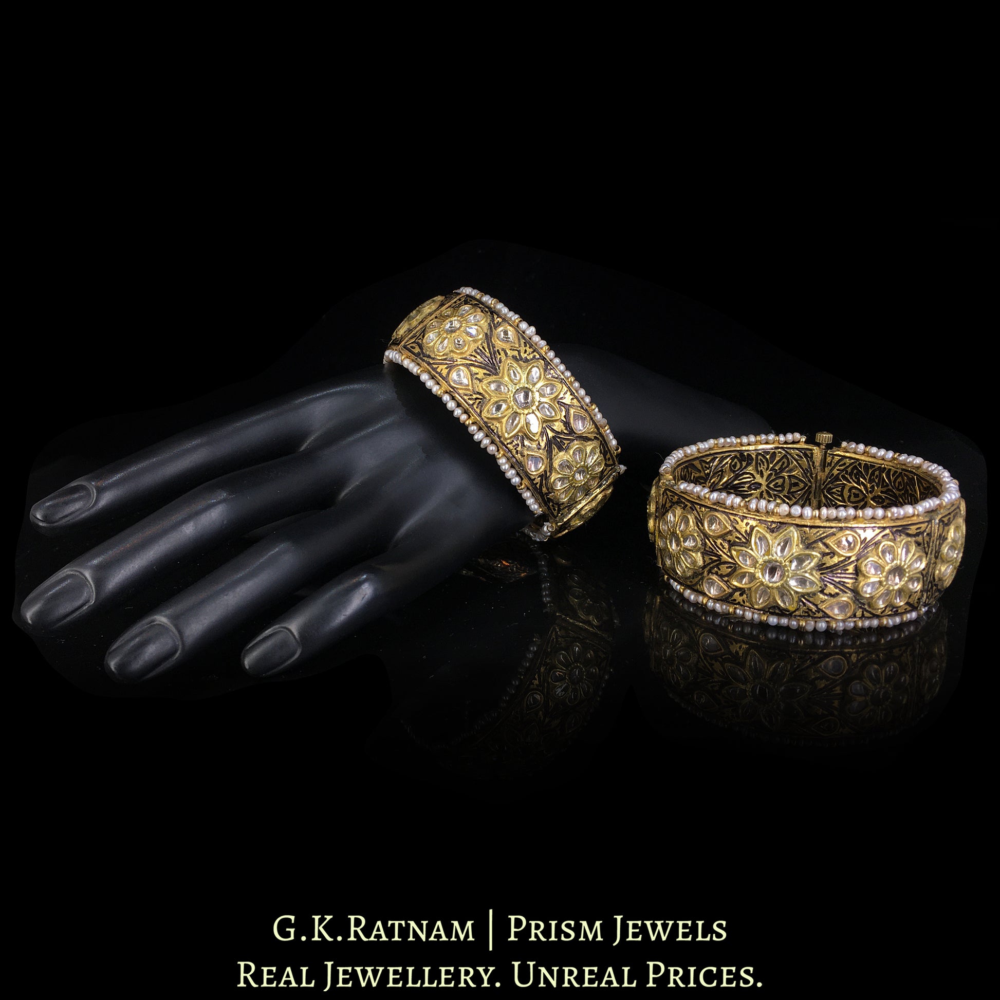 23k Gold and Diamond Polki antique-finish Bangle Pair - G. K. Ratnam