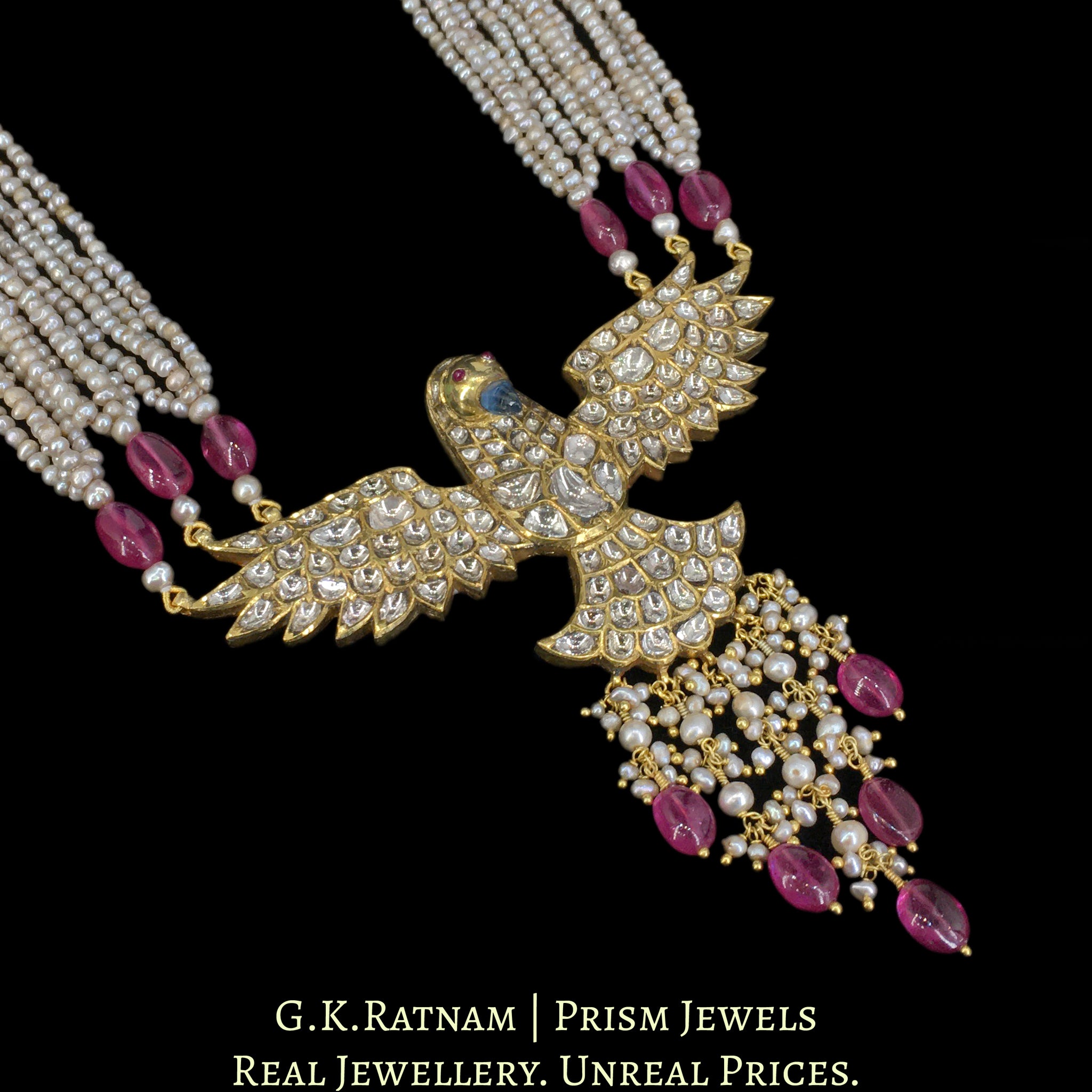 18k Gold and Diamond Polki Eagle Pendant with Antiqued Freshwater Pearls and Rubies
