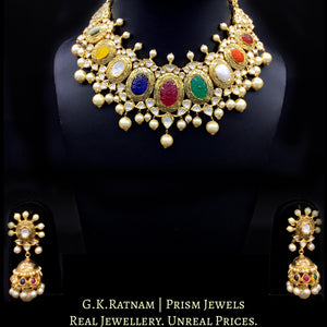 18k Gold and Diamond Polki Navratna Necklace Set with intricate goldwork around Navratan Carved Stones