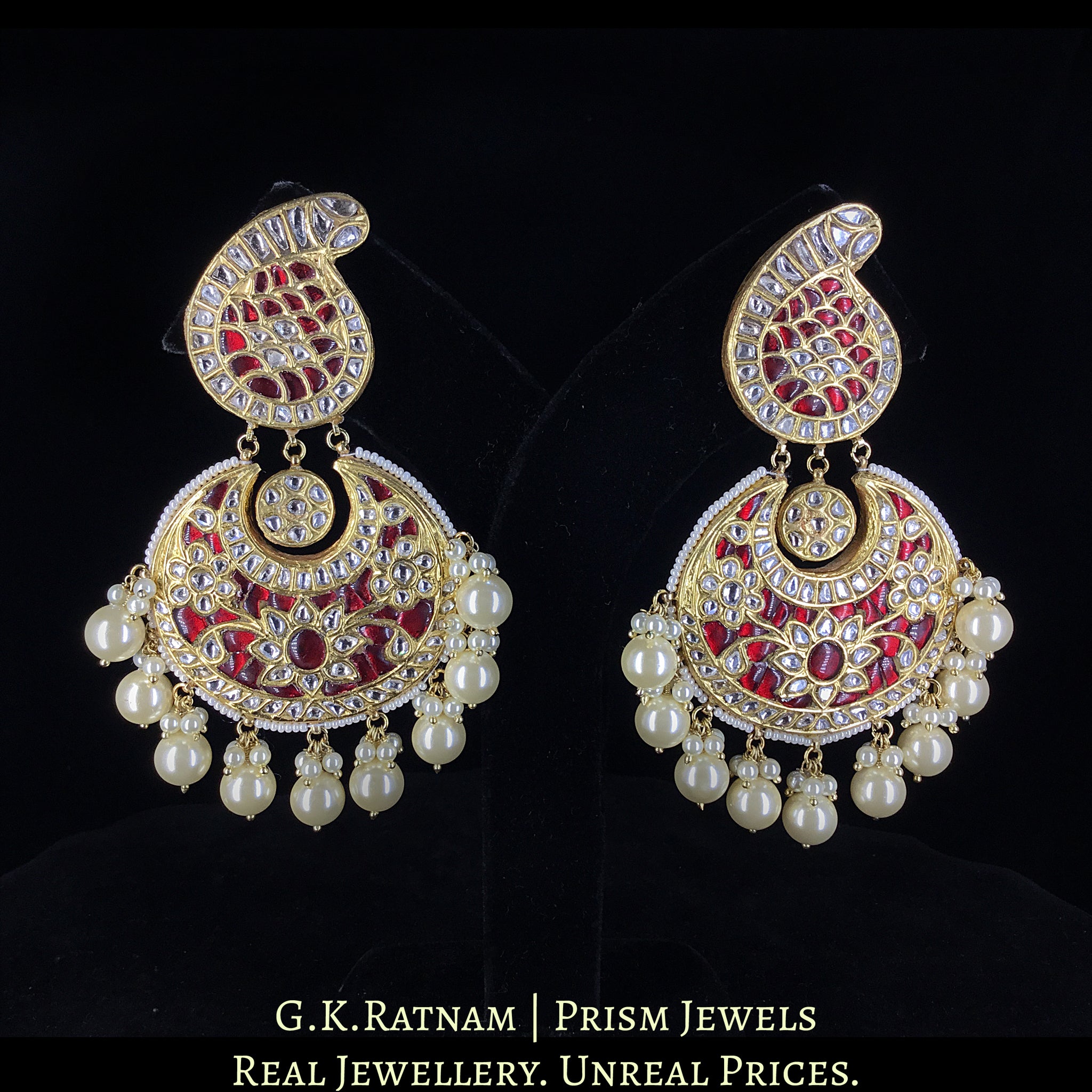 23k Gold and Diamond Polki Red Chand Bali Earring Pair With Pearls