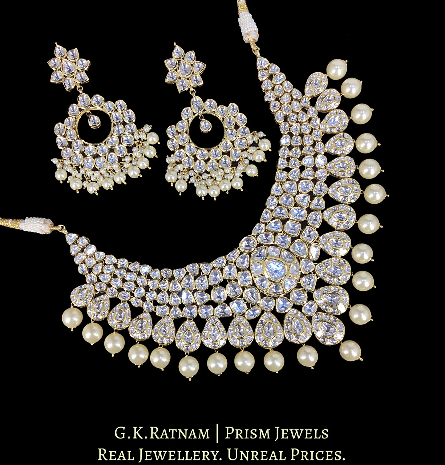 18k Gold and Diamond Polki Necklace Set with Pearls - G. K. Ratnam