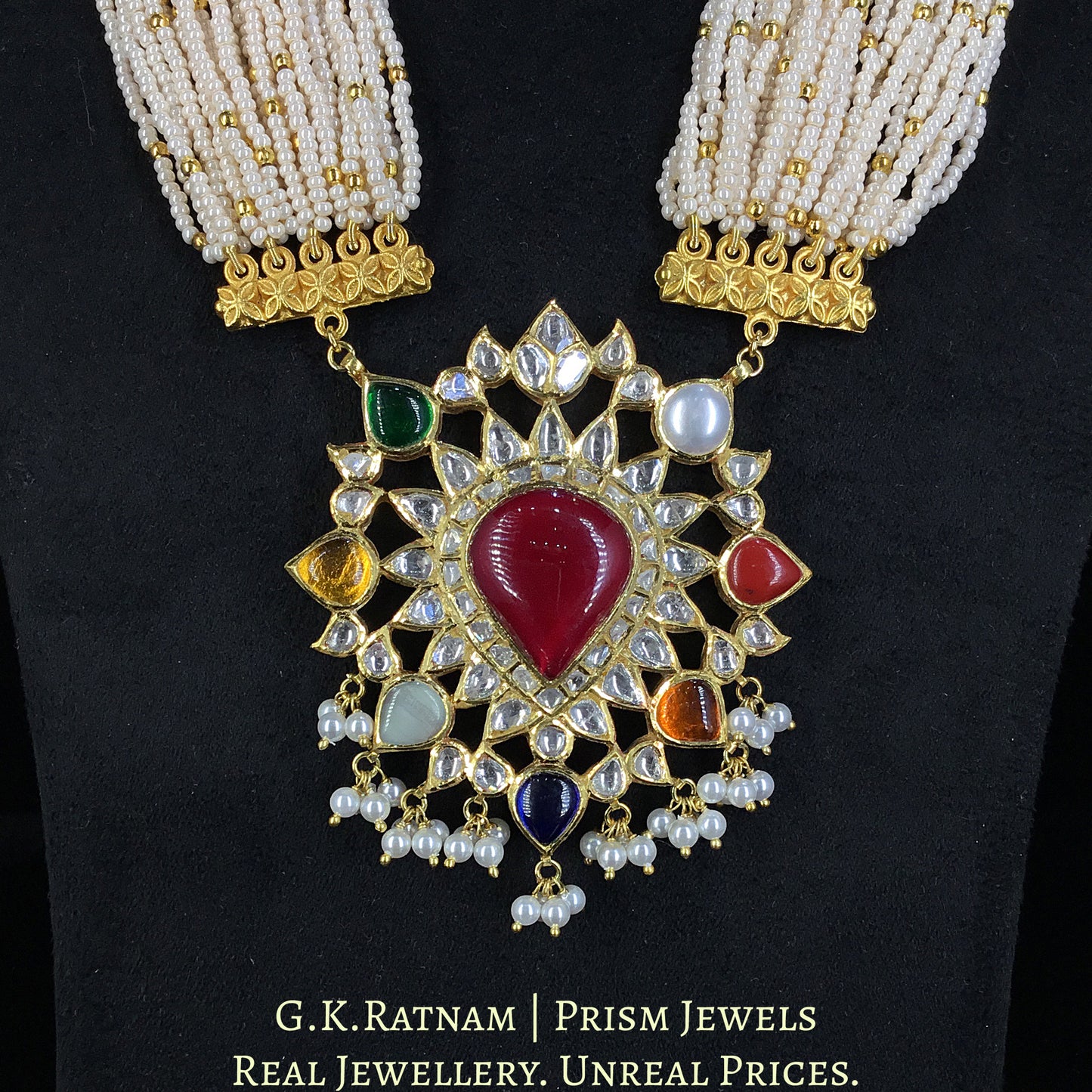 Traditional Gold and Diamond Polki Navratan Pendant Set With Chid Bunches - G. K. Ratnam