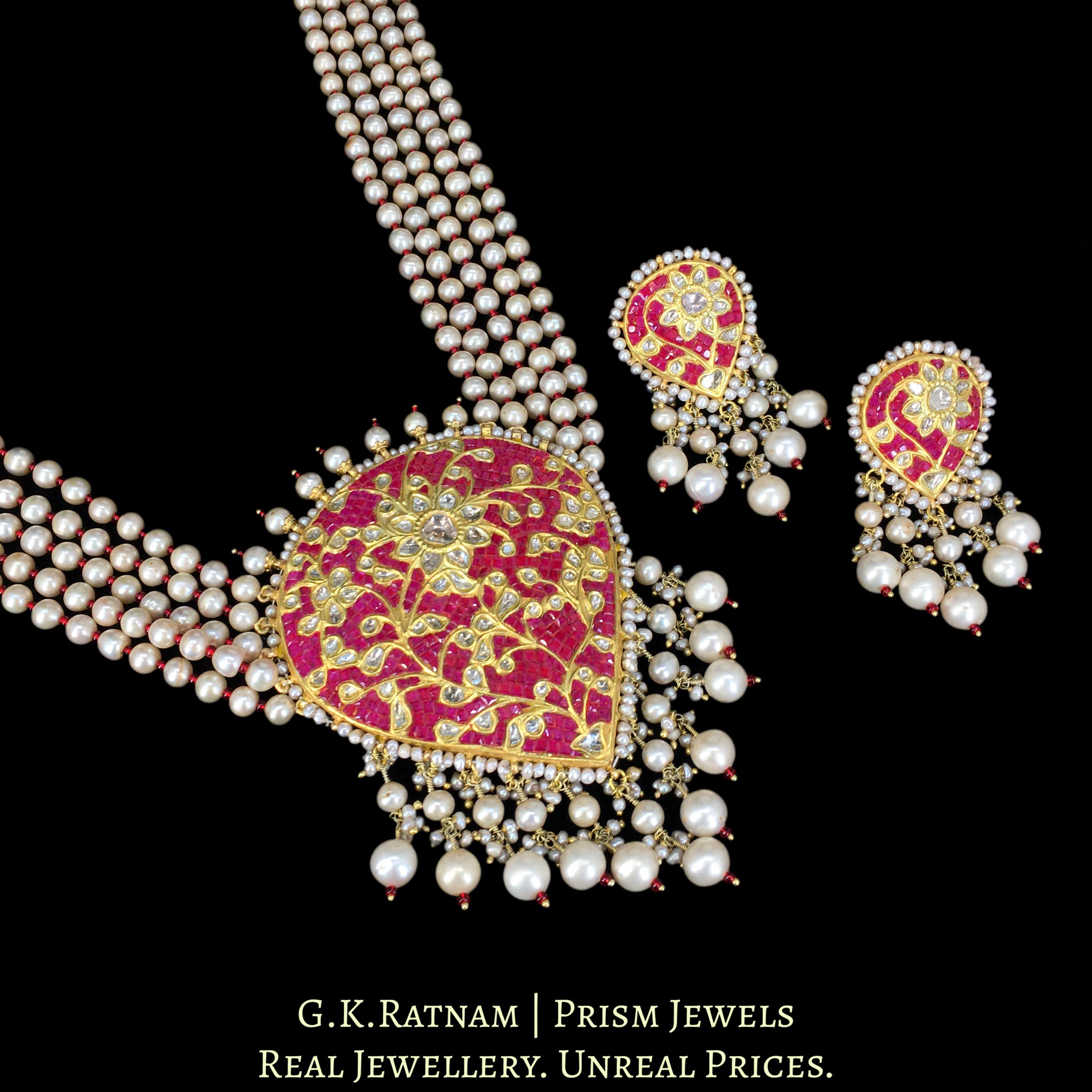 23k Gold and Diamond Polki Pendant Set with Rubies and Antiqued Hyderabadi Pearls