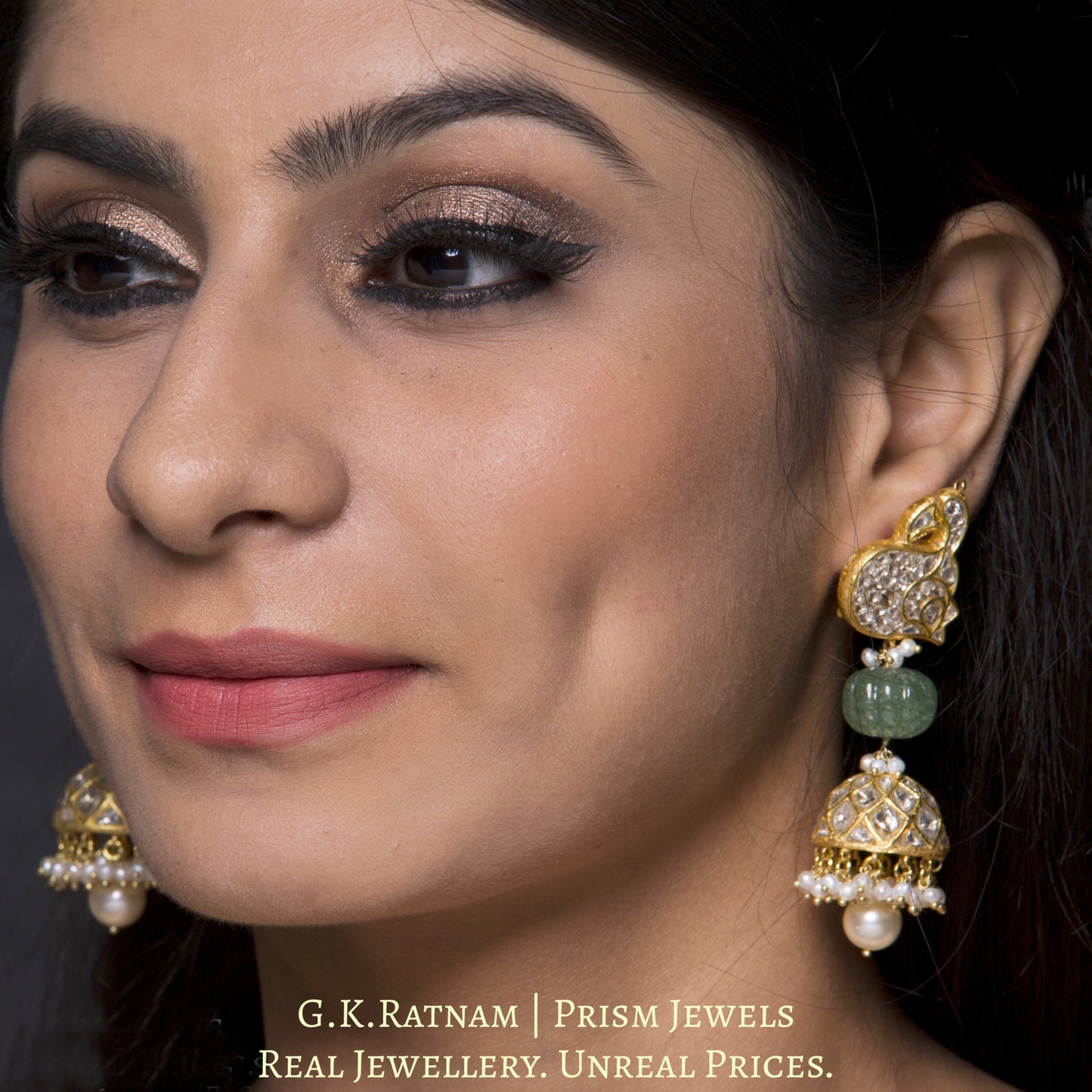 23k Gold and Diamond Polki Jhumki Earring Pair with peacock (mor) shaped tops