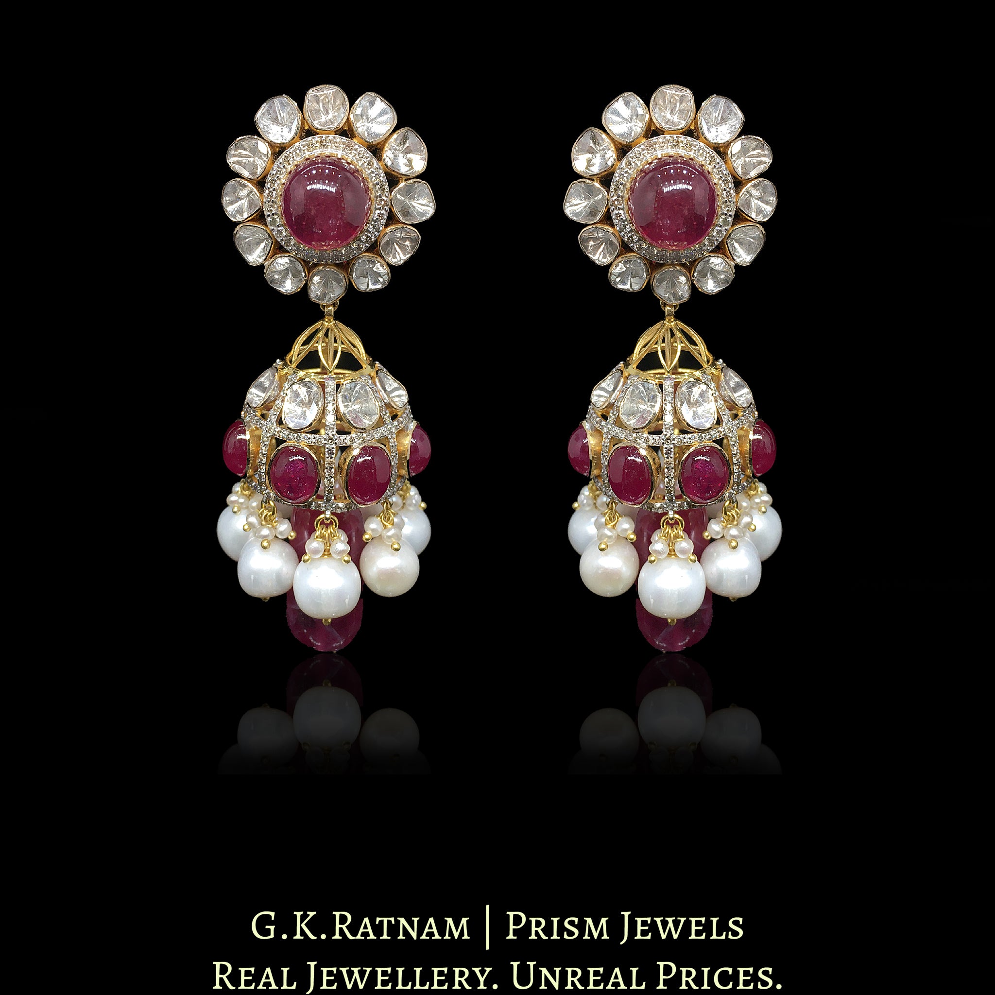 18k Gold and Diamond Polki Open Setting Jhumki Earring Pair with Rubies and Natural Freshwater Pearls