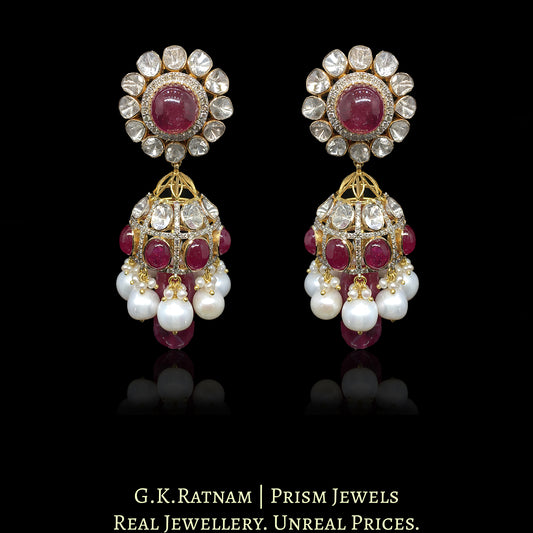 18k Gold and Diamond Polki Open Setting Jhumki Earring Pair with Rubies and Natural Freshwater Pearls