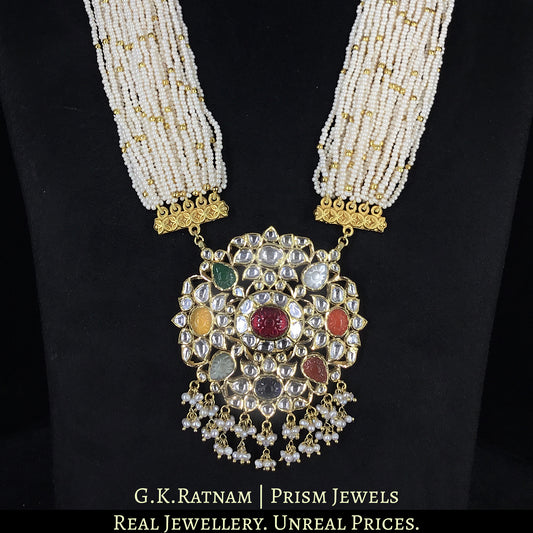 18k Gold and Diamond Polki Navratna Pendant Set With intricately carved navratans - G. K. Ratnam