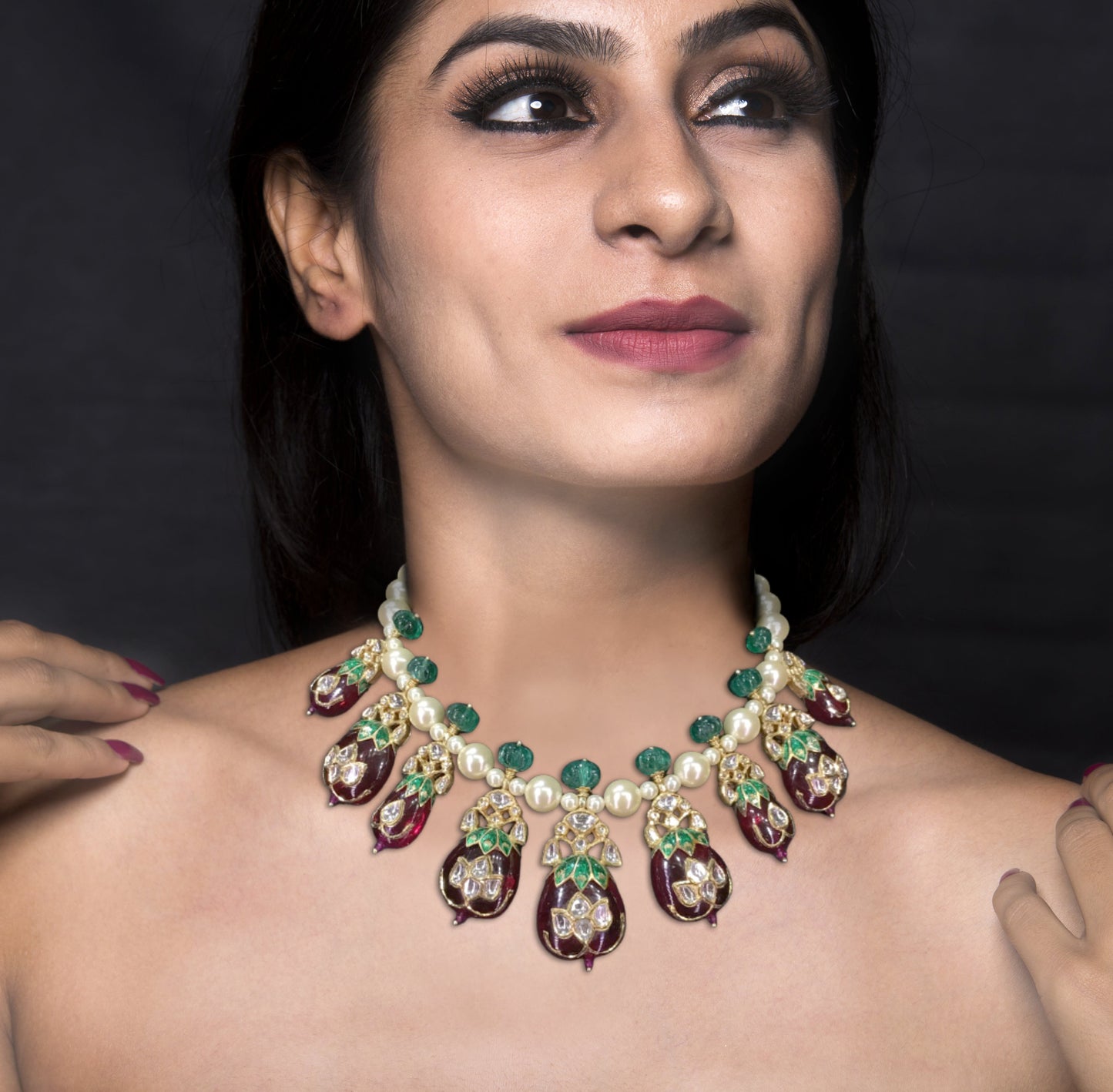 18k Gold and Diamond Polki Necklace Set with jadau work on Rubies