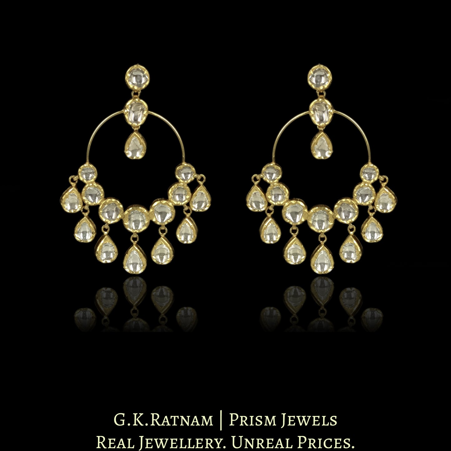 18k Gold and Diamond Polki hoop-style Chand Bali Earring Pair with Uncut Drops
