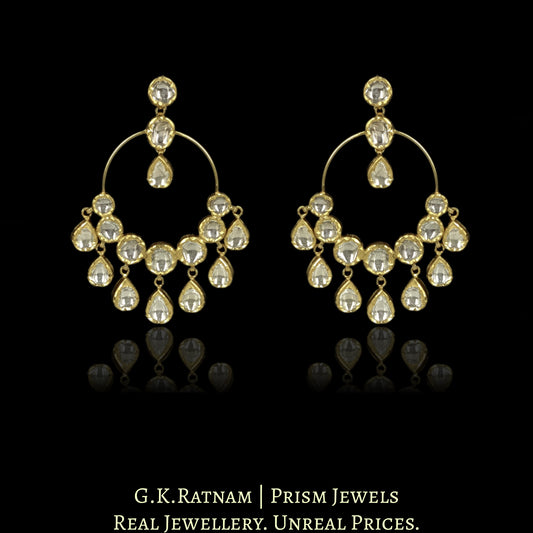 18k Gold and Diamond Polki hoop-style Chand Bali Earring Pair with Uncut Drops