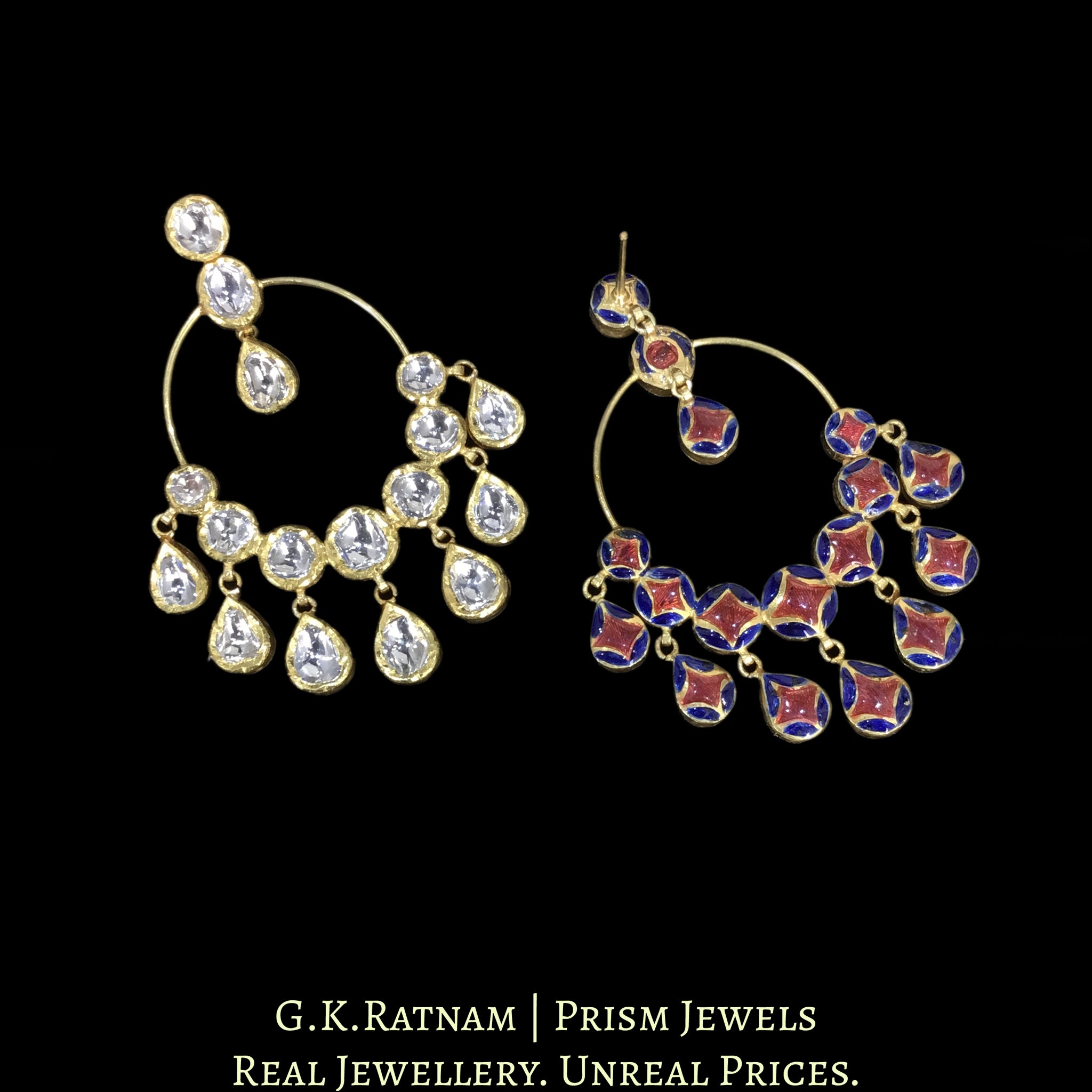 18k Gold and Diamond Polki hoop-style Chand Bali Earring Pair with Uncut Drops