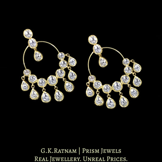 18k Gold and Diamond Polki hoop-style Chand Bali Earring Pair with Uncut Drops