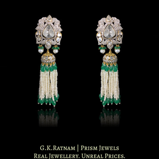 18k Gold and Diamond Polki Open Setting Jhumki Earring Pair with Natural Freshwater Pearl Tassels
