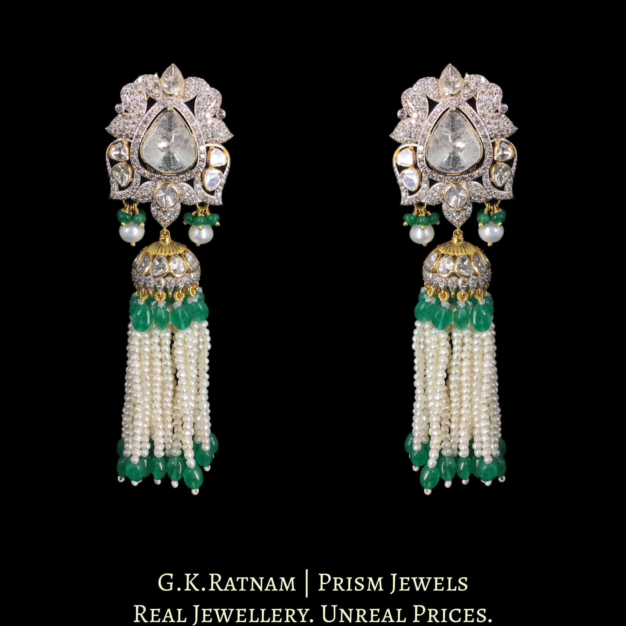 18k Gold and Diamond Polki Open Setting Jhumki Earring Pair with Natural Freshwater Pearl Tassels