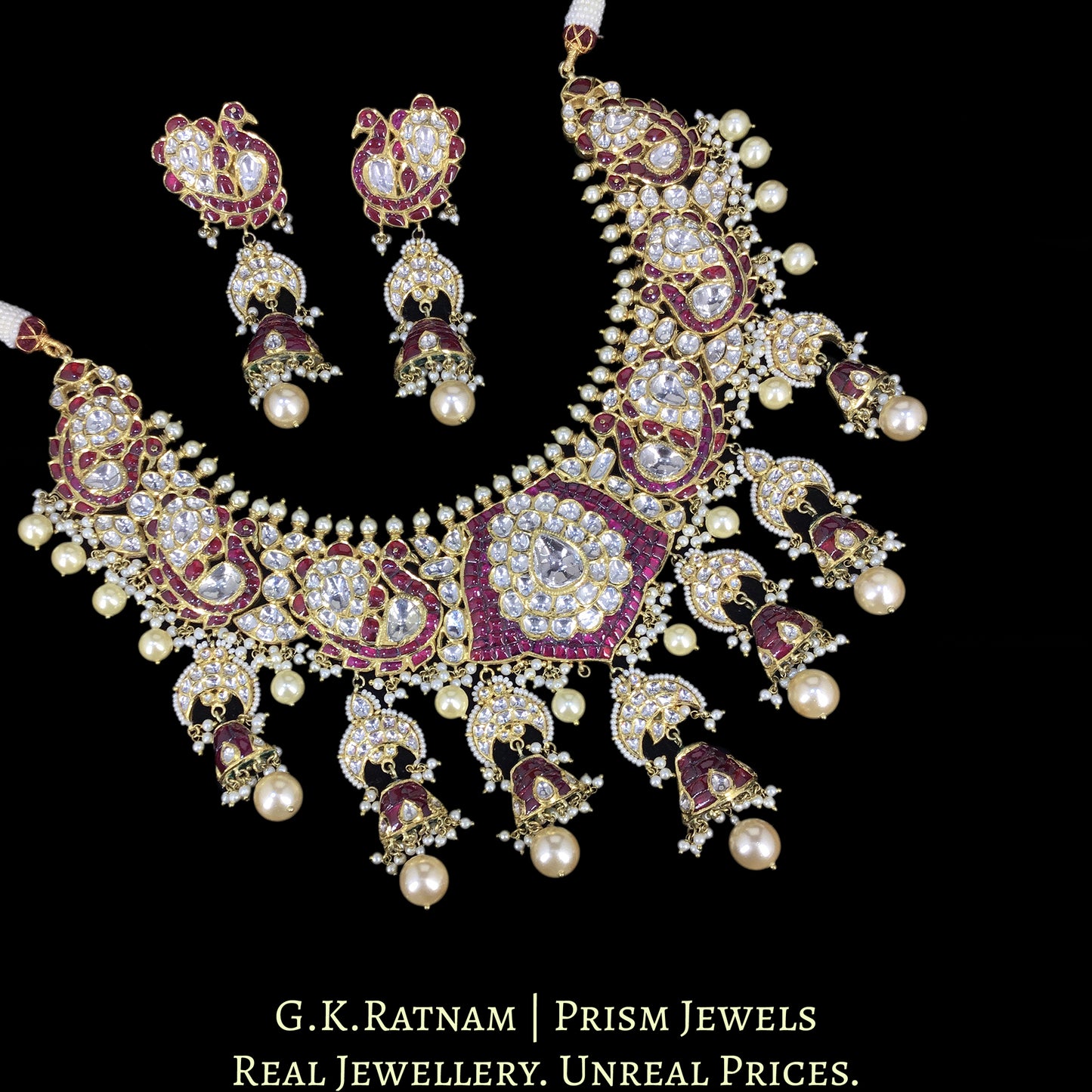 18k Gold and Diamond Polki Necklace Set with inverted chand motifs and half-jhumkis