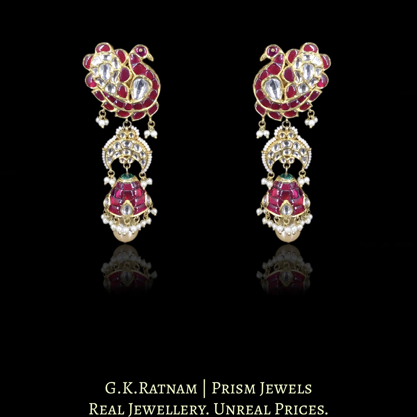 18k Gold and Diamond Polki Necklace Set with inverted chand motifs and half-jhumkis