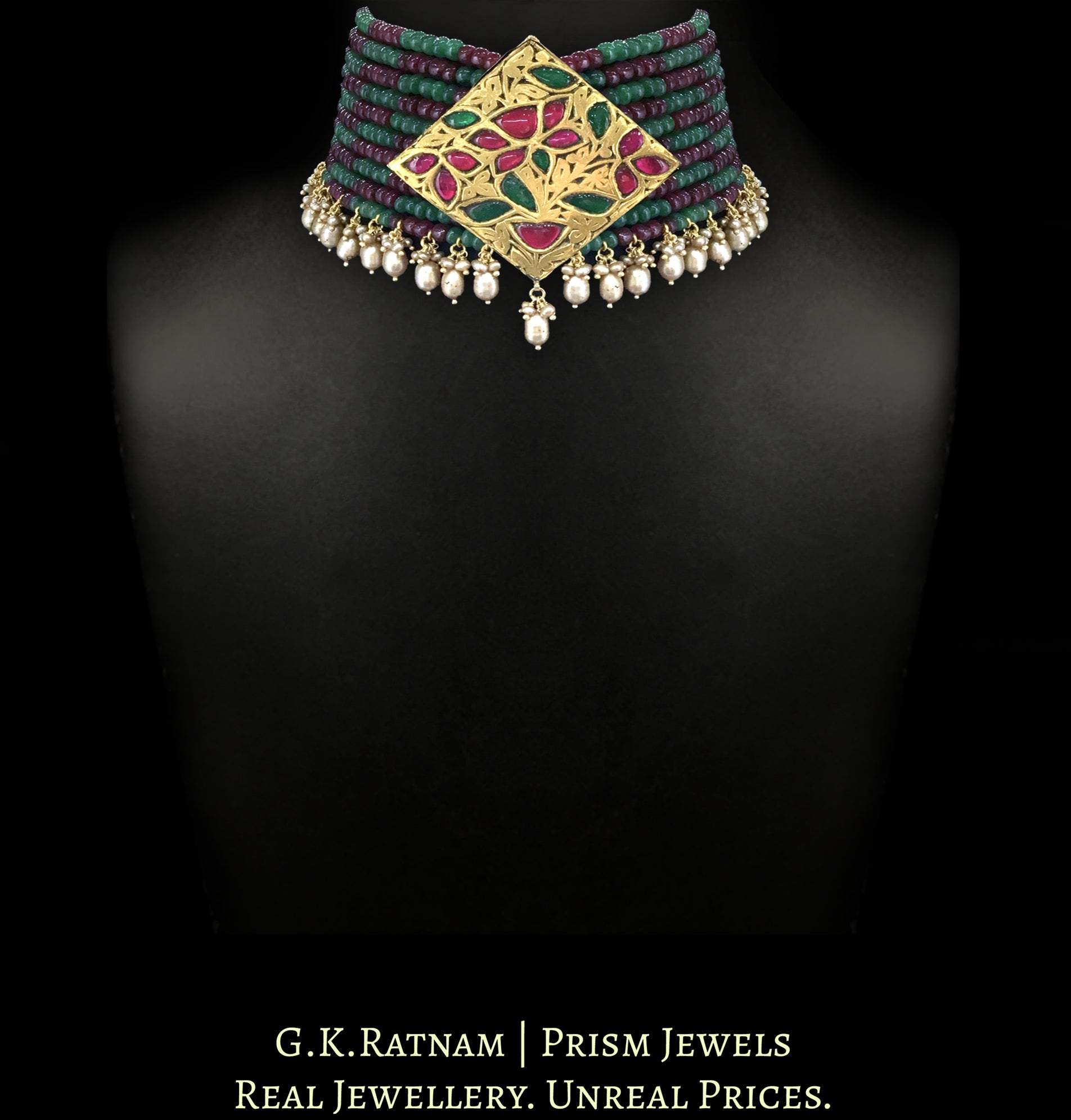 23k Gold and Diamond Polki kite-shaped Pendant Choker Necklace strung in Rubies, Beryls and Antiqued Hyderabadi Pearls