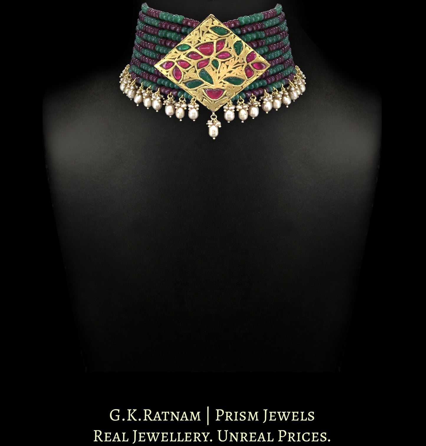 23k Gold and Diamond Polki kite-shaped Pendant Choker Necklace strung in Rubies, Beryls and Antiqued Hyderabadi Pearls - G. K. Ratnam