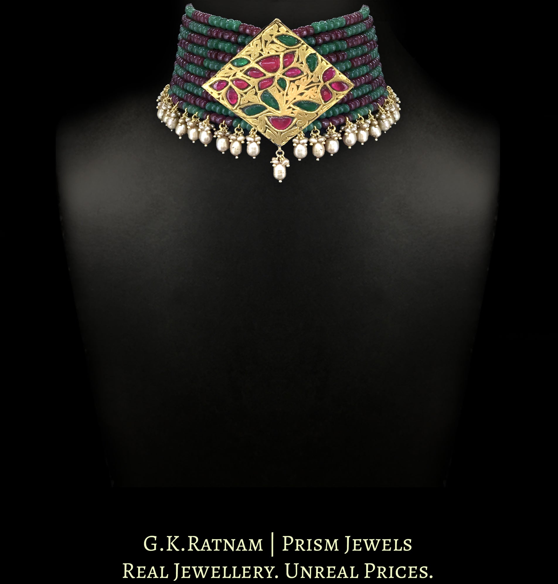 23k Gold and Diamond Polki kite-shaped Pendant Choker Necklace strung in Rubies, Beryls and Antiqued Hyderabadi Pearls - G. K. Ratnam