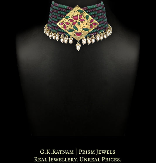 23k Gold and Diamond Polki kite-shaped Pendant Choker Necklace strung in Rubies, Beryls and Antiqued Hyderabadi Pearls - G. K. Ratnam