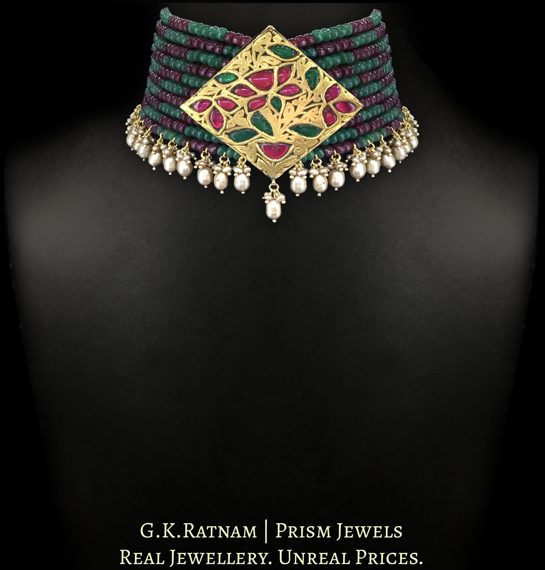 23k Gold and Diamond Polki kite-shaped Pendant Choker Necklace strung in Rubies, Beryls and Antiqued Hyderabadi Pearls - G. K. Ratnam