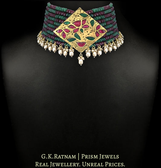 23k Gold and Diamond Polki kite-shaped Pendant Choker Necklace strung in Rubies, Beryls and Antiqued Hyderabadi Pearls - G. K. Ratnam