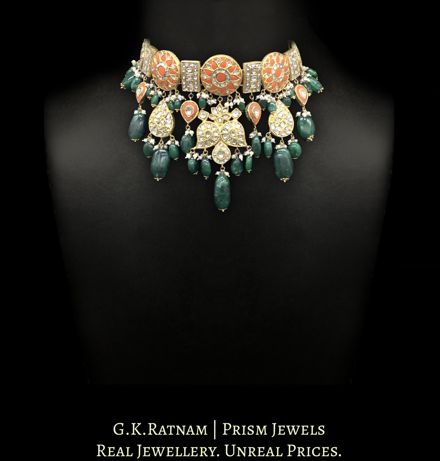 23k Gold and Diamond Polki Choker Necklace with Corals and Green Beryls