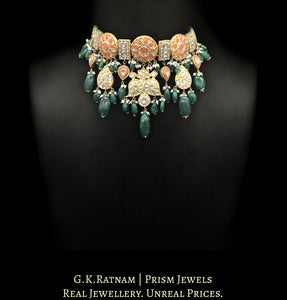 23k Gold and Diamond Polki Choker Necklace with Corals and Green Beryls