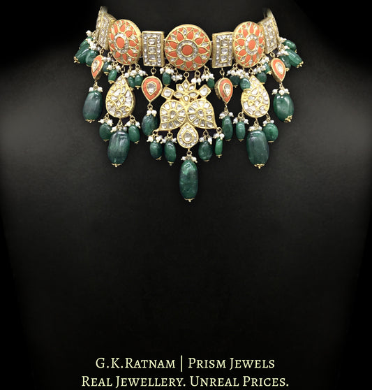 23k Gold and Diamond Polki Choker Necklace with Corals and Green Beryls
